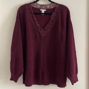 V neck lace trim long sleeve sweater